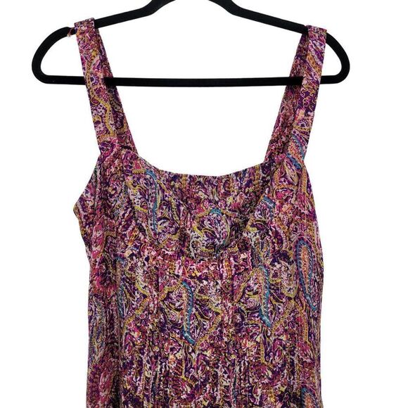 Vintage Lauren Silk Midi Dress 12 Pink Purple Paisley Sheer Square Neck Pleated - Picture 5 of 10